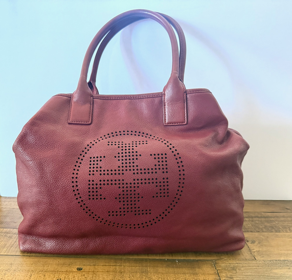 Tory Burch Tote Bag Women's Large Burgundy Leather Perforated Logo